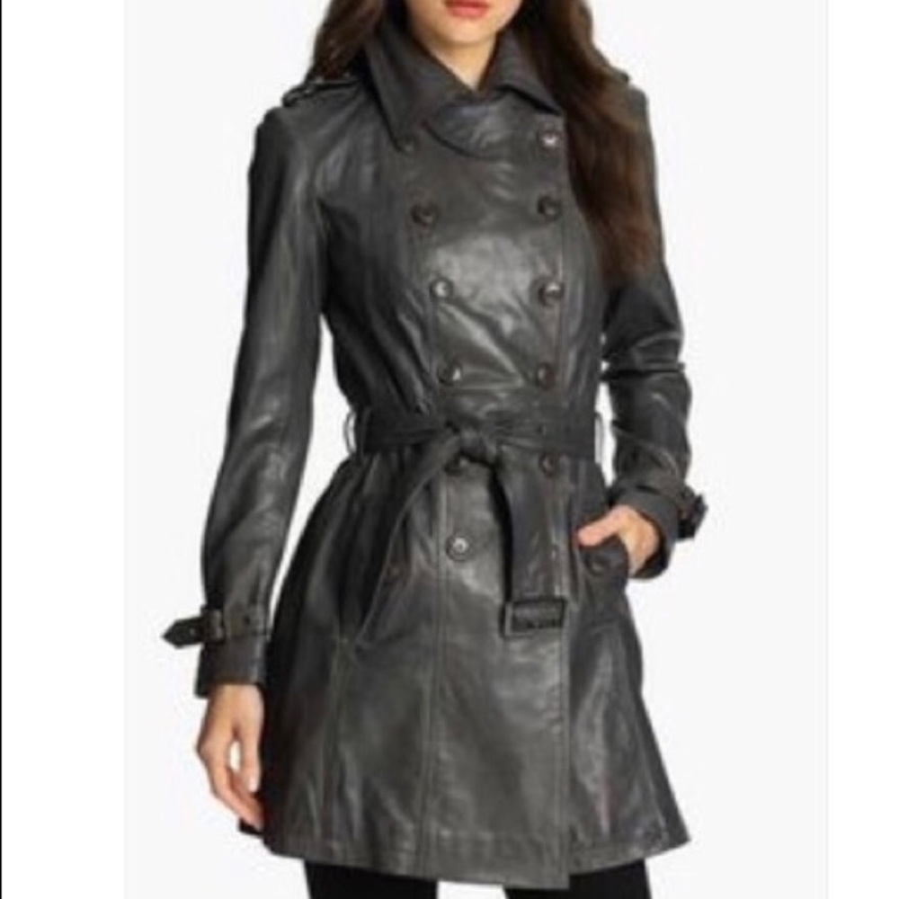 Bod + Christensen Gray leather Coat belted Trench Coat soft vintage